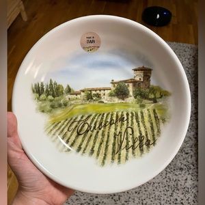 Made in Italy ceramic pasta bowl with Tuscan villa scene.